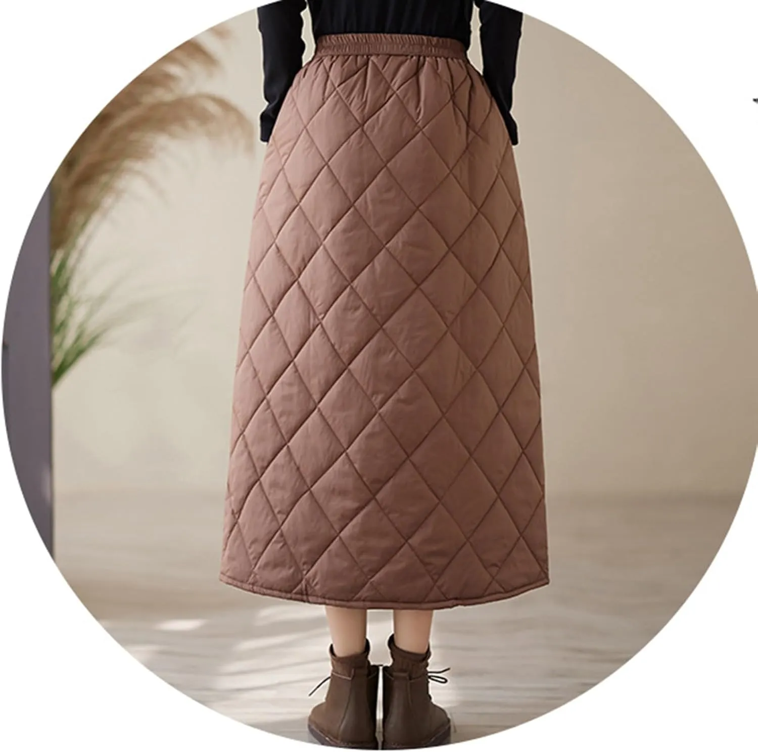 HGps8w Women's Winter Quilted Skirt, Loose Elastic Waist Casual Insulated Thicken Warm Maxi Long Down Skirts with Pockets