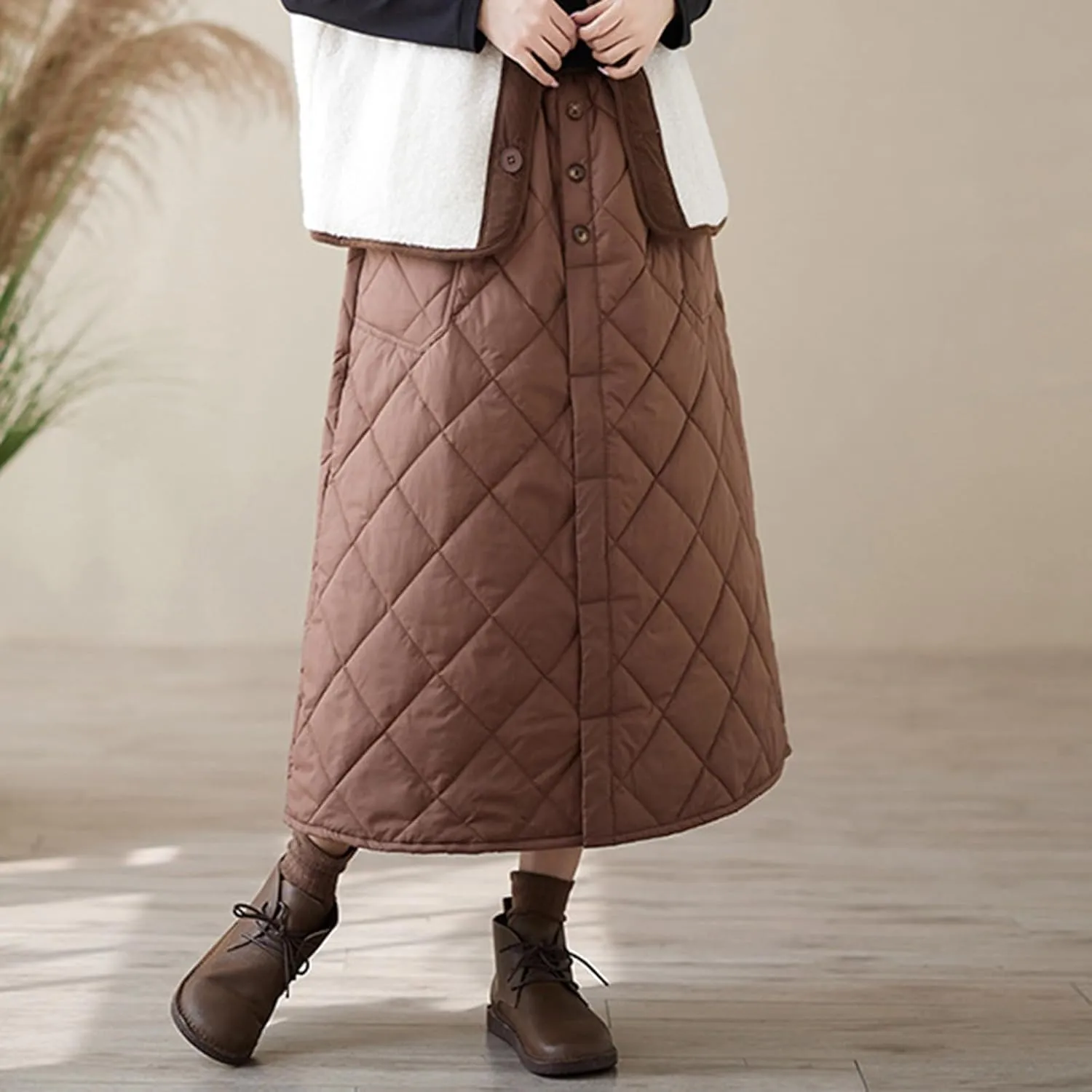 HGps8w Women's Winter Quilted Skirt, Loose Elastic Waist Casual Insulated Thicken Warm Maxi Long Down Skirts with Pockets