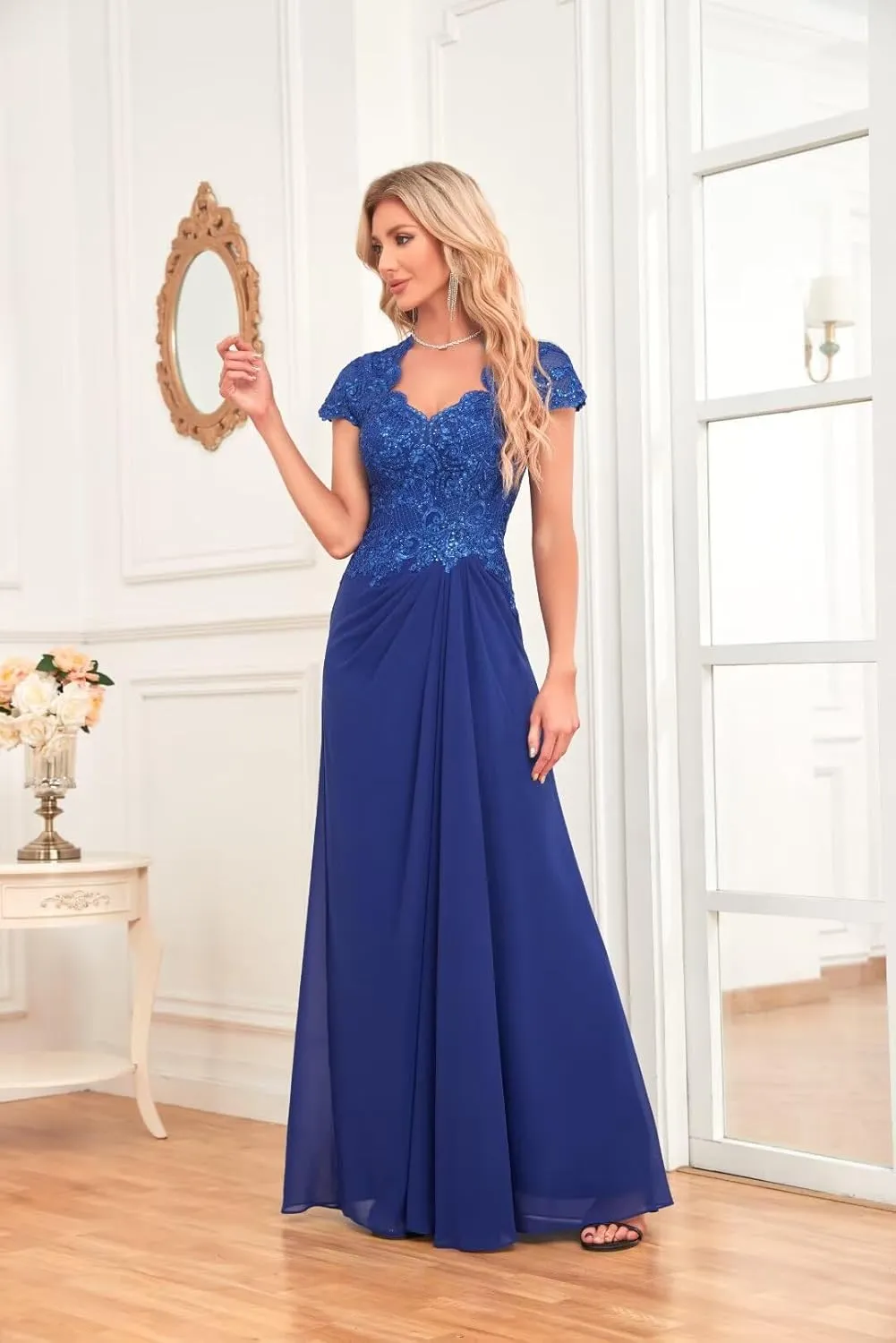 IIF Cap Sleeve Mother of The Bride Dress V Neck Floral Lace Chiffon Bridesmaid Dresses Long Prom Dress IIF049