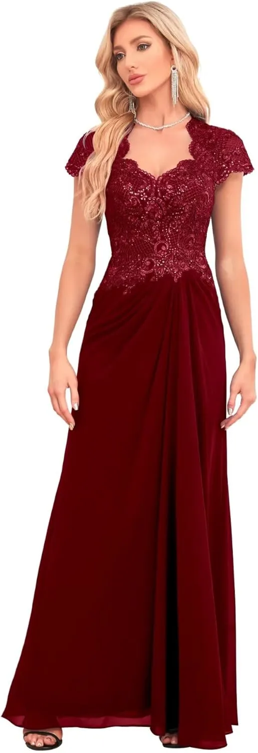 IIF Cap Sleeve Mother of The Bride Dress V Neck Floral Lace Chiffon Bridesmaid Dresses Long Prom Dress IIF049