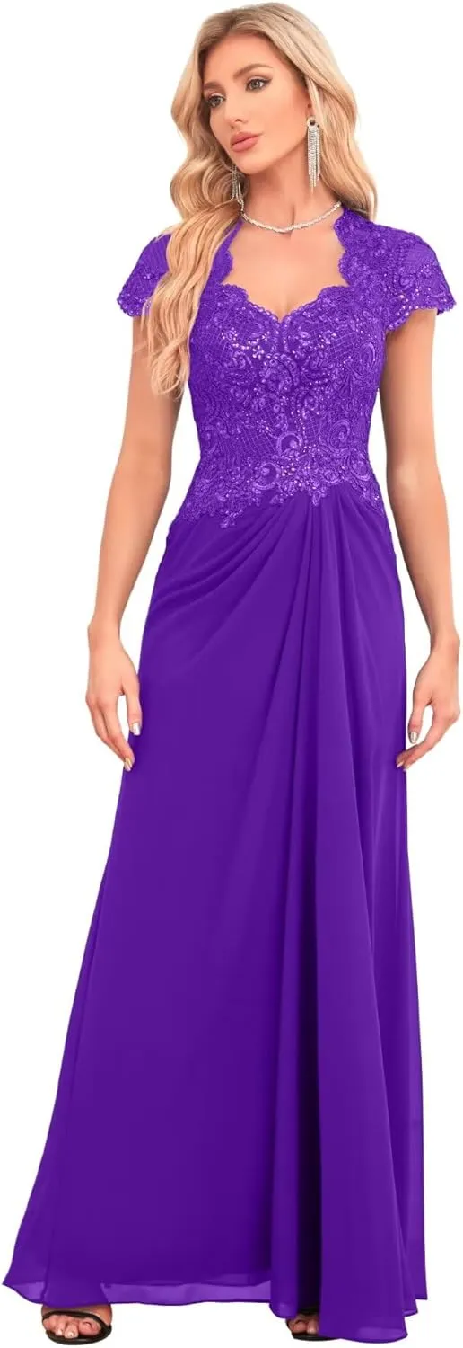 IIF Cap Sleeve Mother of The Bride Dress V Neck Floral Lace Chiffon Bridesmaid Dresses Long Prom Dress IIF049