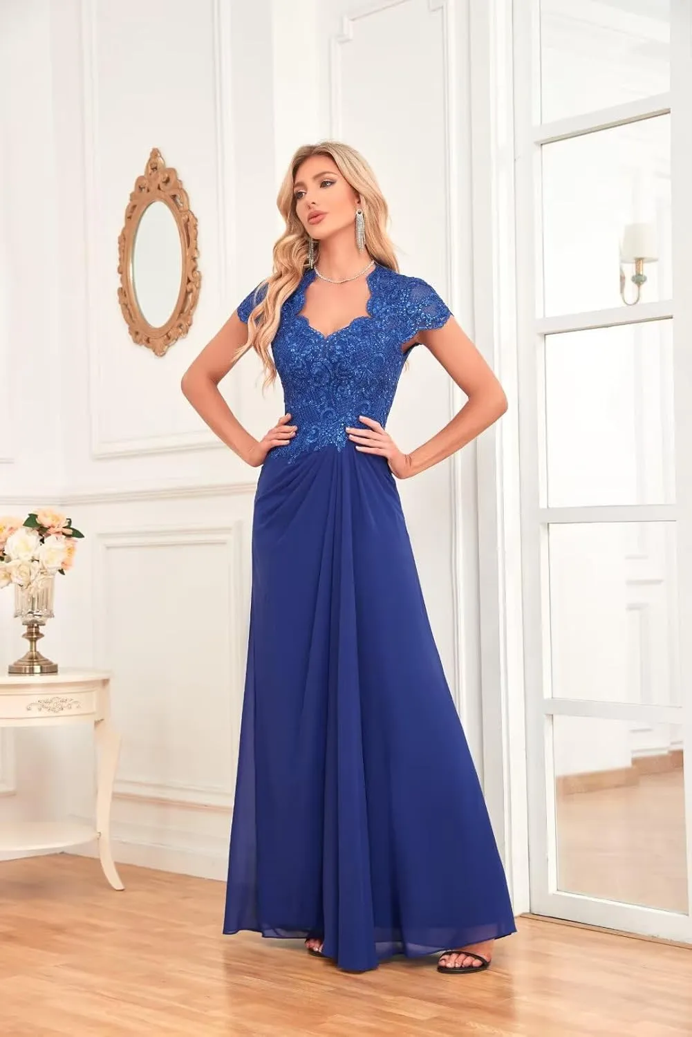 IIF Cap Sleeve Mother of The Bride Dress V Neck Floral Lace Chiffon Bridesmaid Dresses Long Prom Dress IIF049