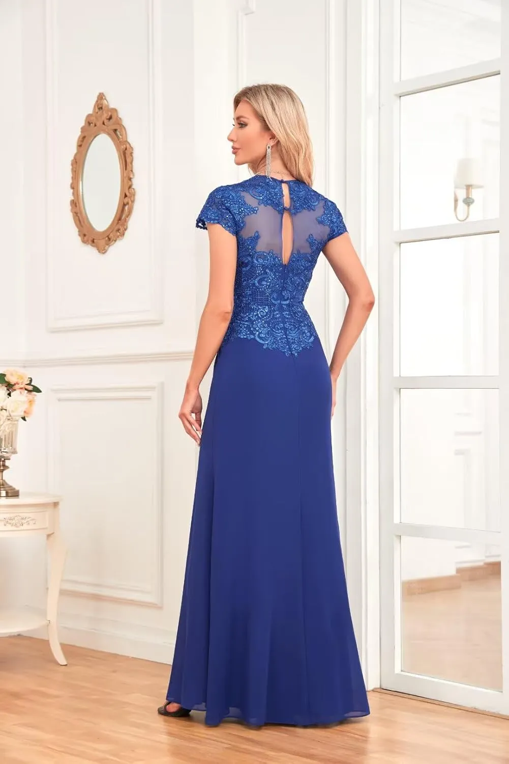 IIF Cap Sleeve Mother of The Bride Dress V Neck Floral Lace Chiffon Bridesmaid Dresses Long Prom Dress IIF049