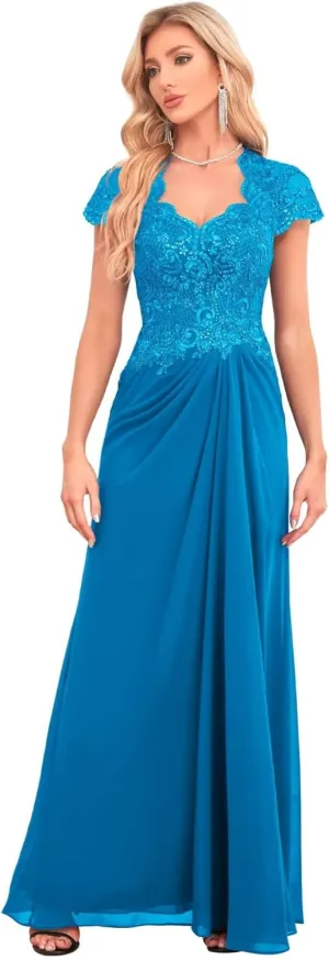 IIF Cap Sleeve Mother of The Bride Dress V Neck Floral Lace Chiffon Bridesmaid Dresses Long Prom Dress IIF049