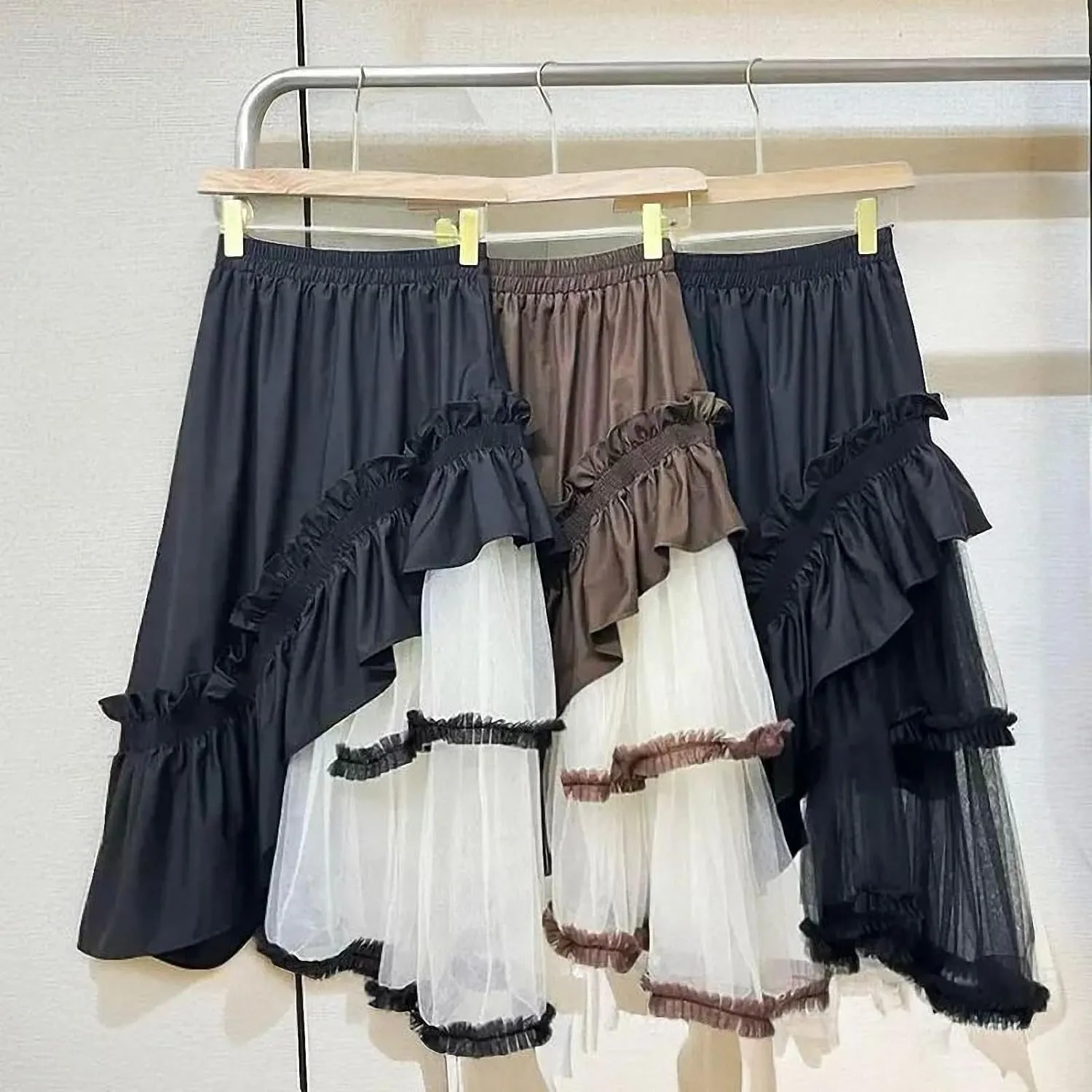 Irregularity Tulle Patchwork Kawaii Midi Long Skirt Women Multi Layer Ruffle Goth High Waist Lolita Pleated Skirt