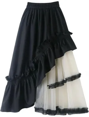 Irregularity Tulle Patchwork Kawaii Midi Long Skirt Women Multi Layer Ruffle Goth High Waist Lolita Pleated Skirt