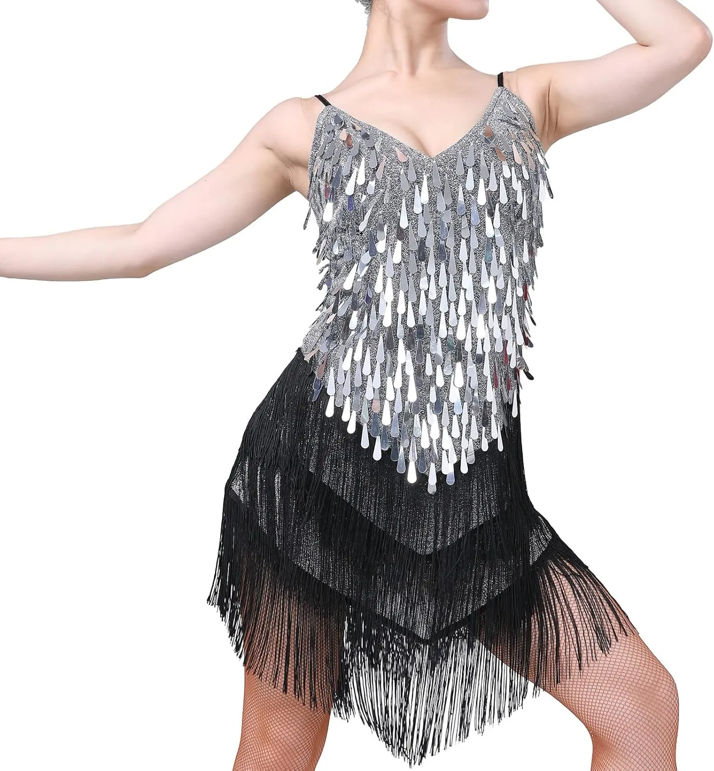 IWEMEK Women Salsa Latin Dance Dress Sequin Tassel Fringe Flapper Dress Spaghetti Straps 1920s Tango Ballroom Dancing Costume