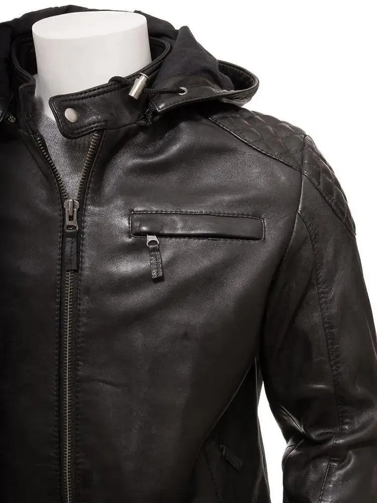 Jami Black Hooded Leather Jacket for Men