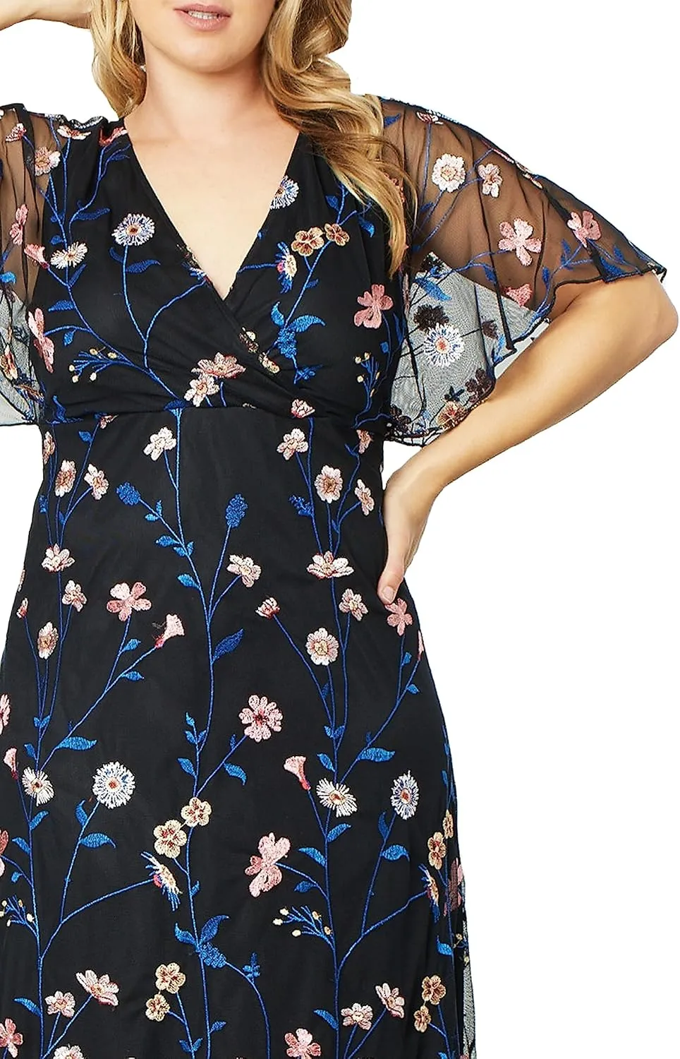 Kiyonna Women's Plus Size Floral Embroidered Elegance Evening Gown | Flattering Long Formal Mesh Dress w/Sleeves