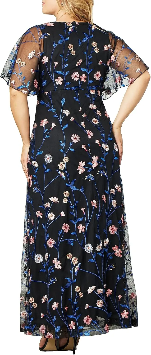Kiyonna Women's Plus Size Floral Embroidered Elegance Evening Gown | Flattering Long Formal Mesh Dress w/Sleeves