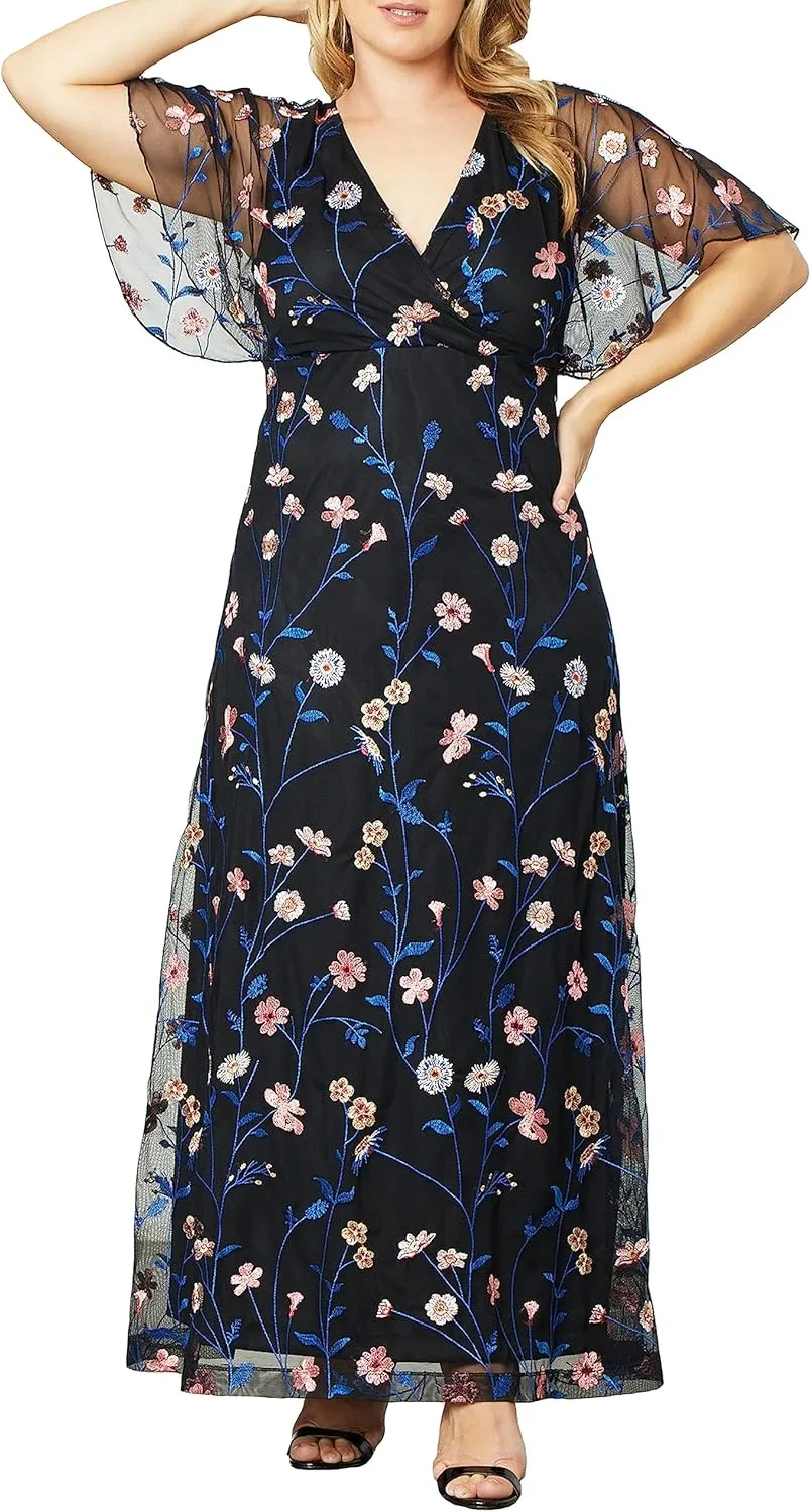 Kiyonna Women's Plus Size Floral Embroidered Elegance Evening Gown | Flattering Long Formal Mesh Dress w/Sleeves