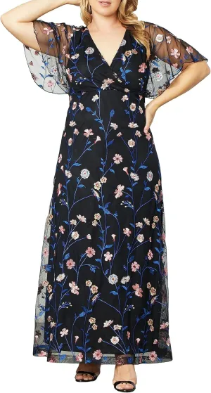 Kiyonna Women's Plus Size Floral Embroidered Elegance Evening Gown | Flattering Long Formal Mesh Dress w/Sleeves