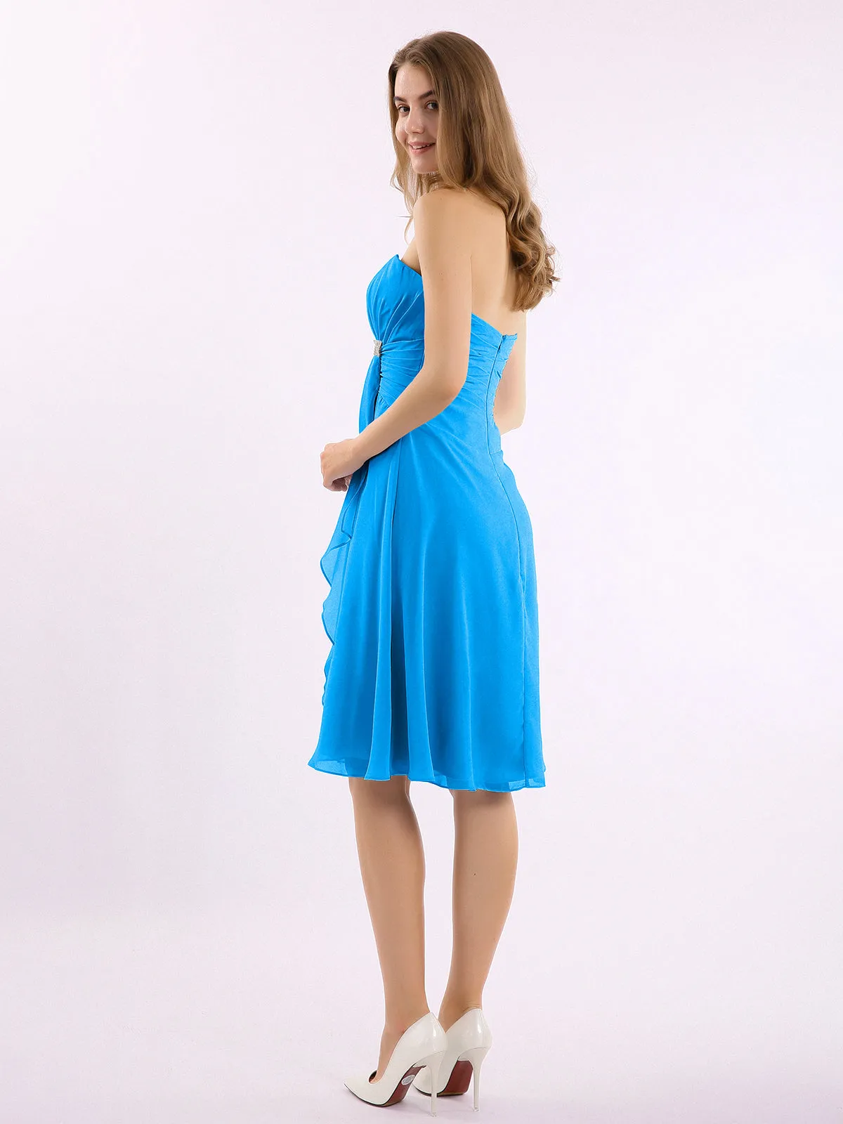 Knee Length Chiffon Dress with Sweetheart Neck-Ocean Blue Plus Size