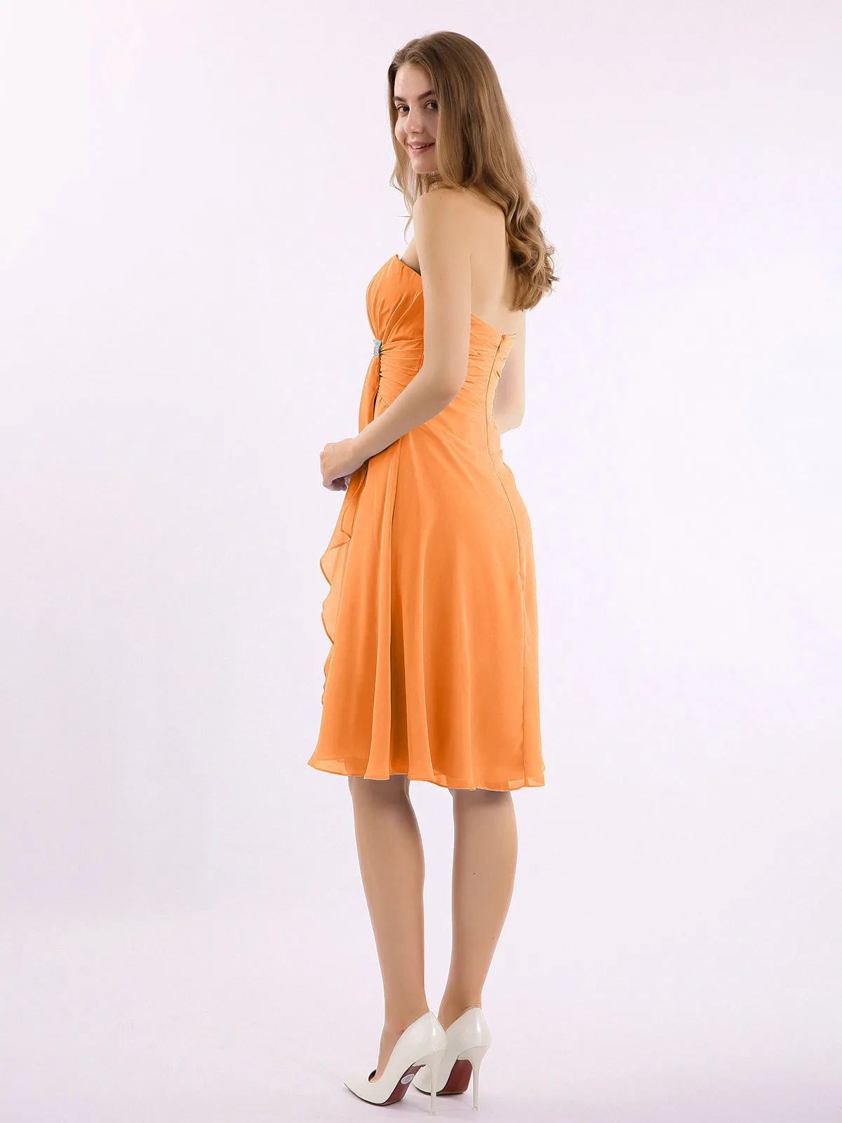 Knee Length Chiffon Dress with Sweetheart Neck-Orange