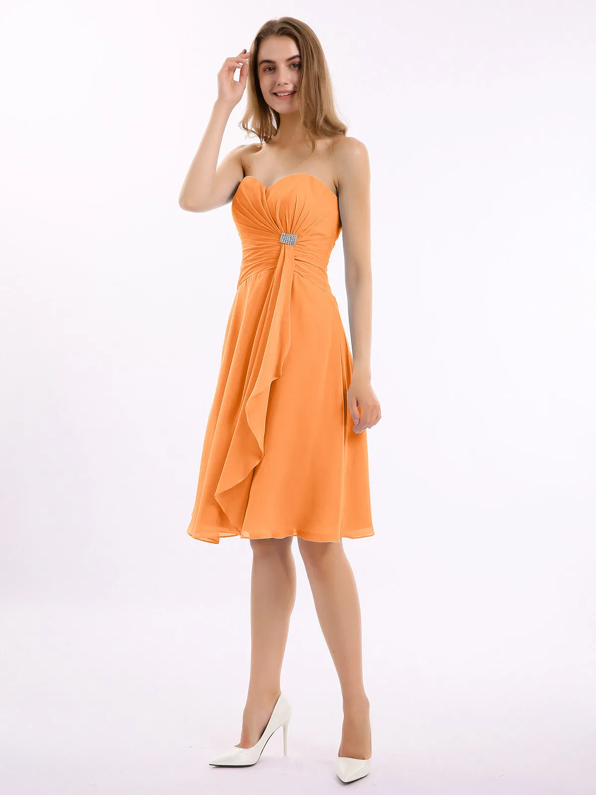 Knee Length Chiffon Dress with Sweetheart Neck-Orange