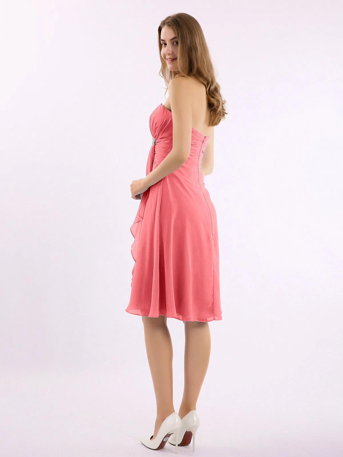 Knee Length Chiffon Dress with Sweetheart Neck-Watermelon