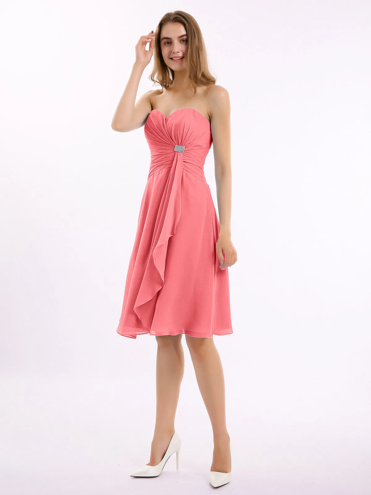 Knee Length Chiffon Dress with Sweetheart Neck-Watermelon