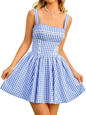 KUTUMAI Summer Gingham Mini Dress Corset Square Neck Lace Up Casual Sundress Flowy A Line Short Dresses for Women 2025