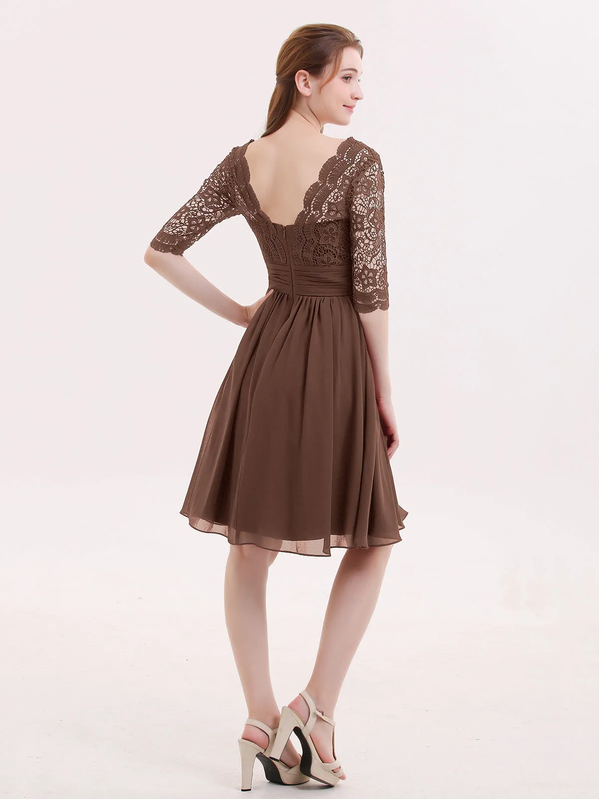 Lace and Chiffon Short Dress with Half Sleeves Chocolate