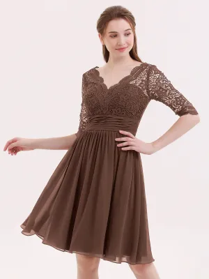 Lace and Chiffon Short Dress with Half Sleeves Chocolate