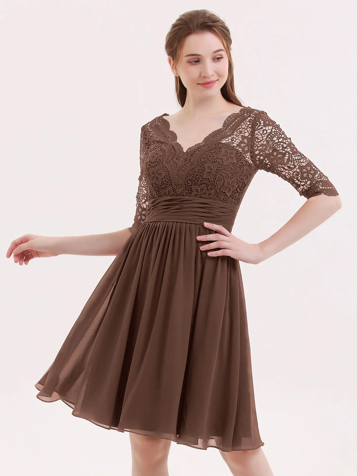 Lace and Chiffon Short Dress with Half Sleeves Chocolate
