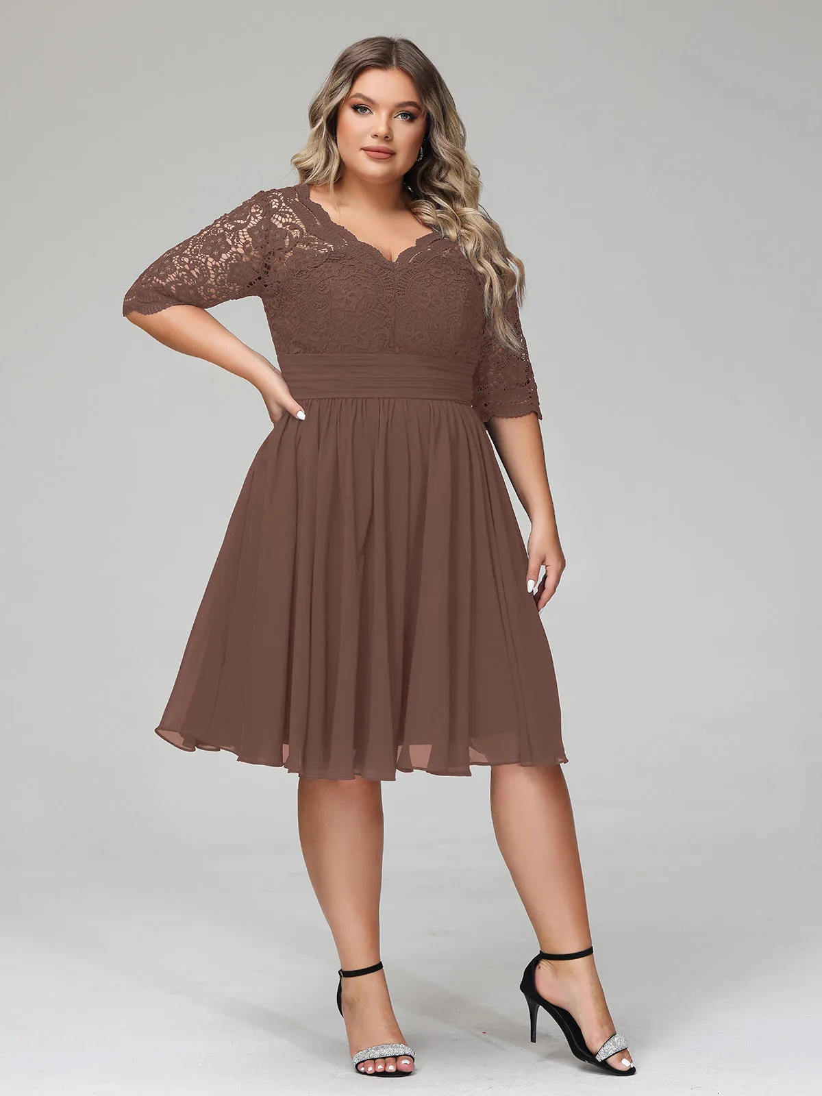 Lace and Chiffon Short Dress with Half Sleeves Chocolate