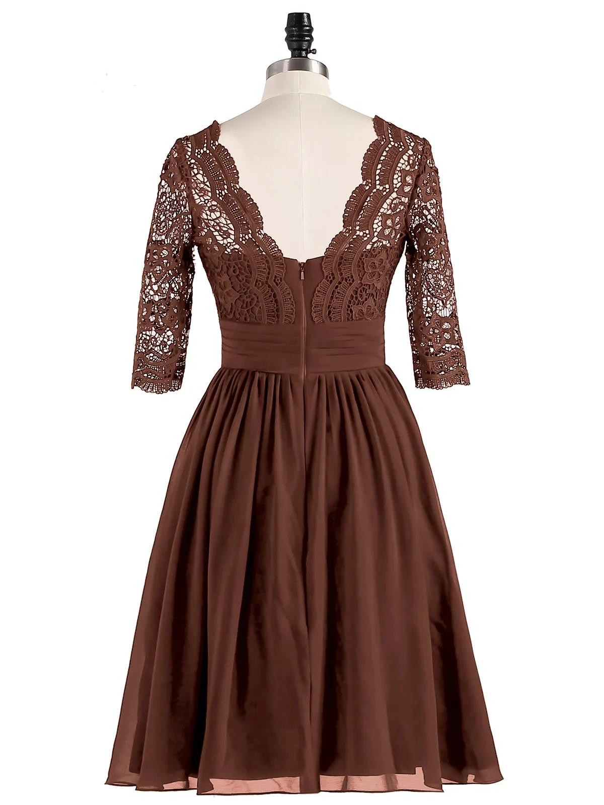 Lace and Chiffon Short Dress with Half Sleeves Chocolate