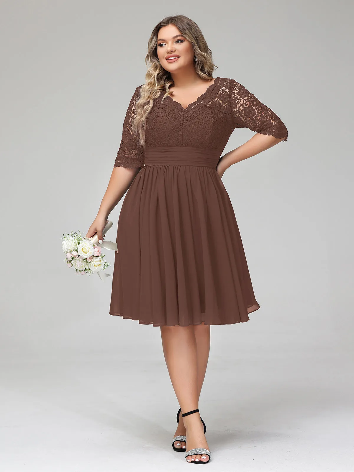 Lace and Chiffon Short Dress with Half Sleeves Chocolate