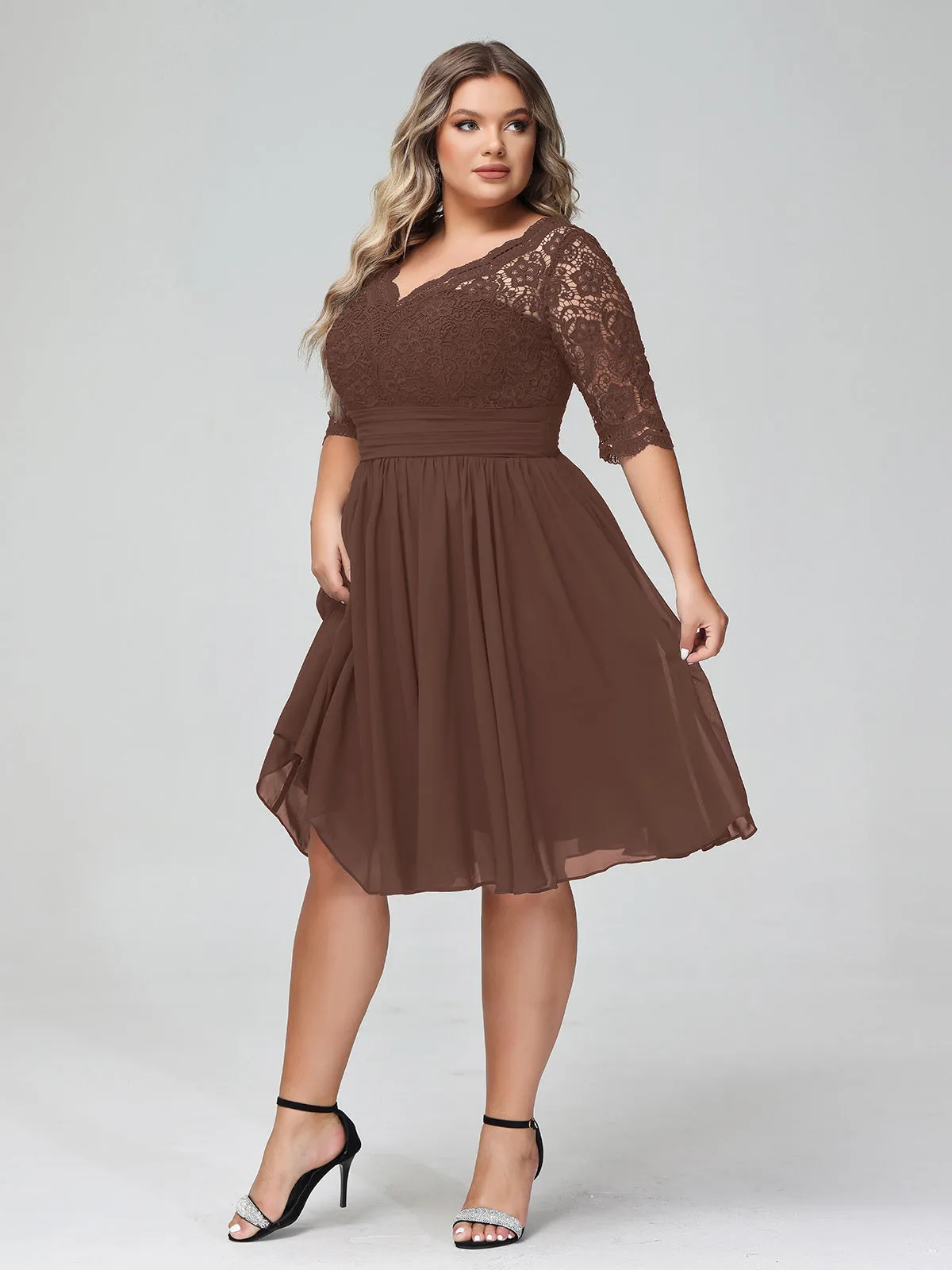 Lace and Chiffon Short Dress with Half Sleeves Chocolate