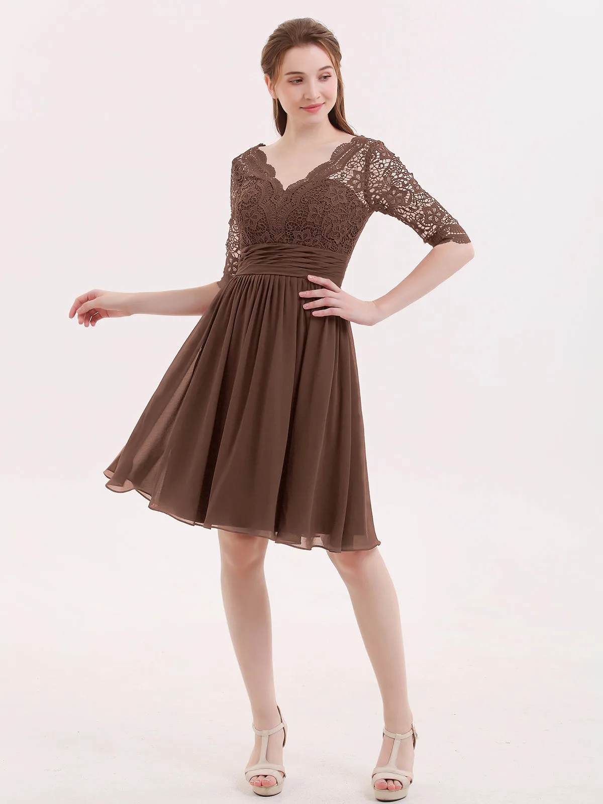 Lace and Chiffon Short Dress with Half Sleeves Chocolate
