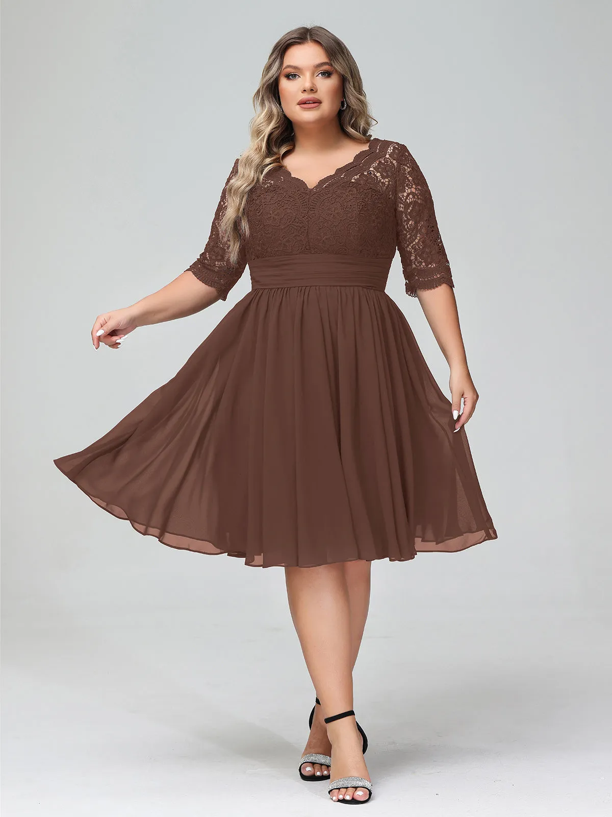 Lace and Chiffon Short Dress with Half Sleeves Chocolate