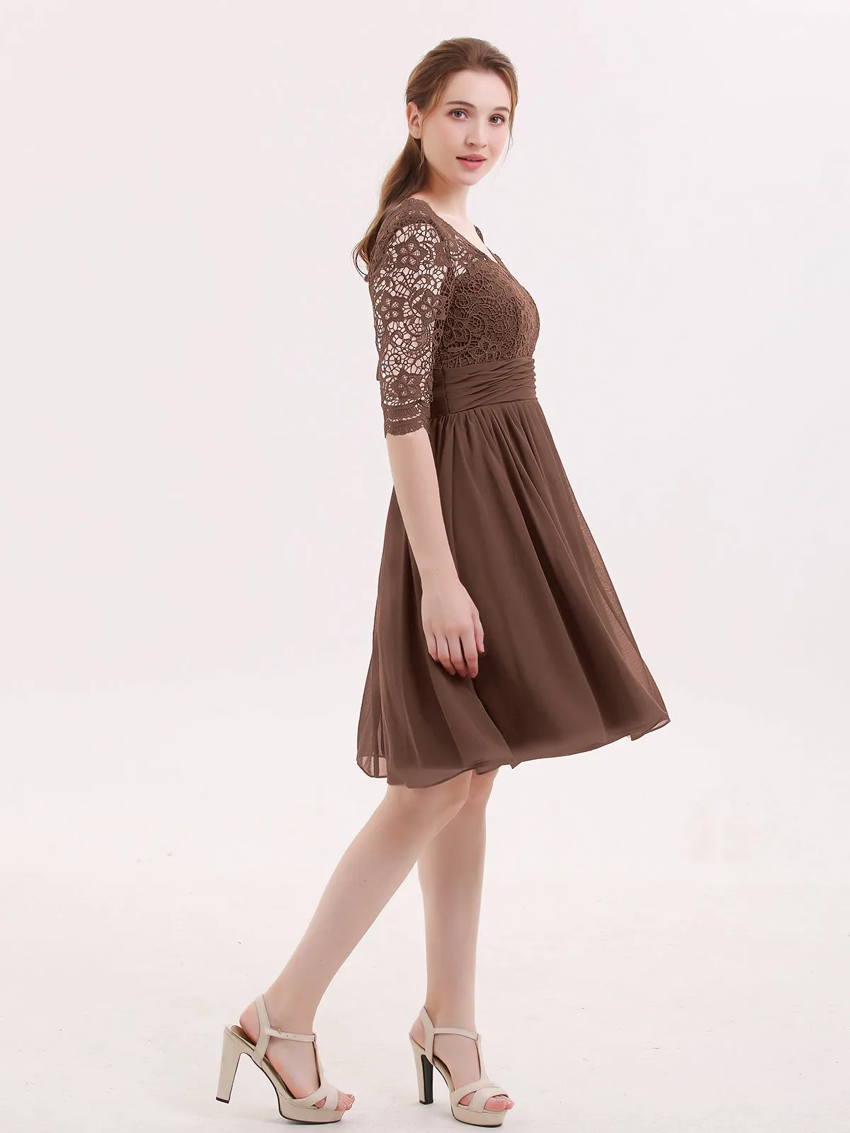Lace and Chiffon Short Dress with Half Sleeves Chocolate