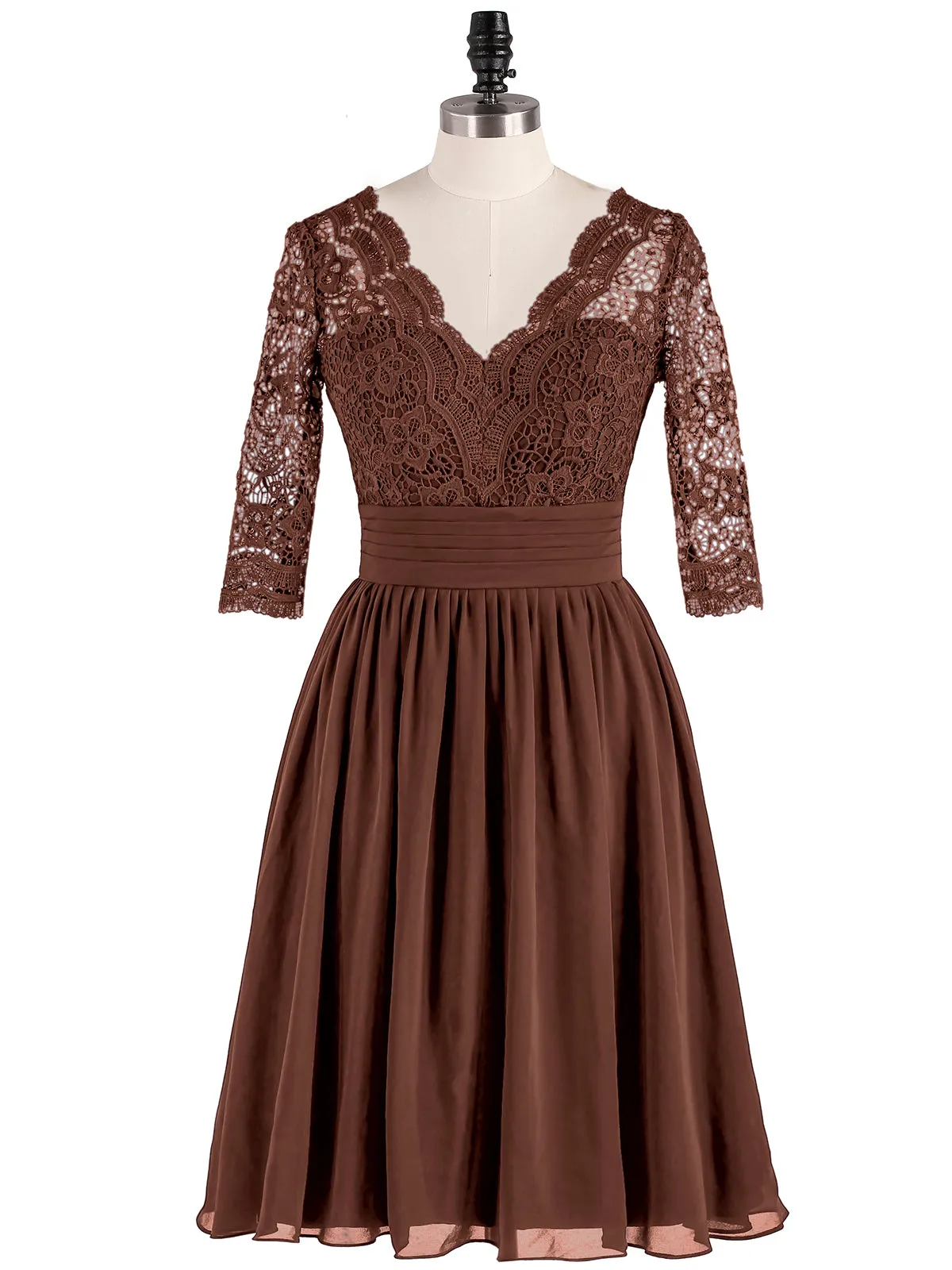 Lace and Chiffon Short Dress with Half Sleeves Chocolate