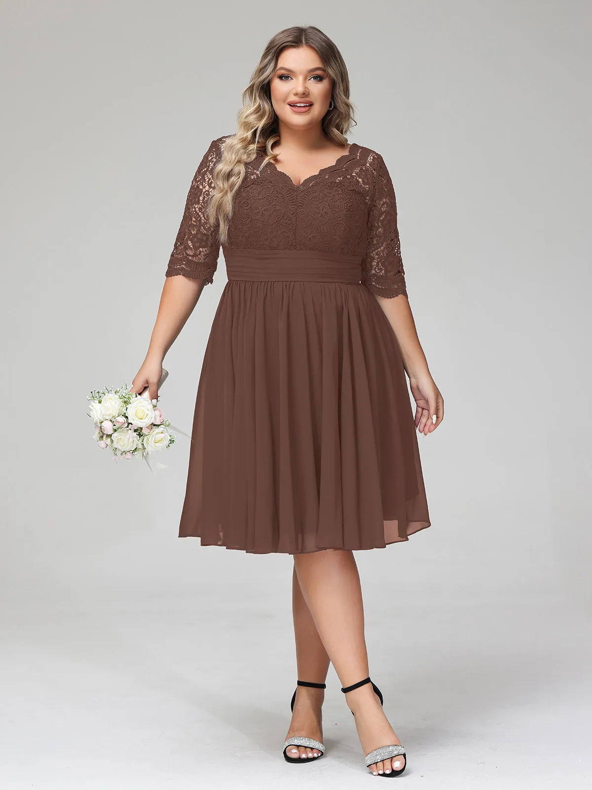 Lace and Chiffon Short Dress with Half Sleeves Chocolate
