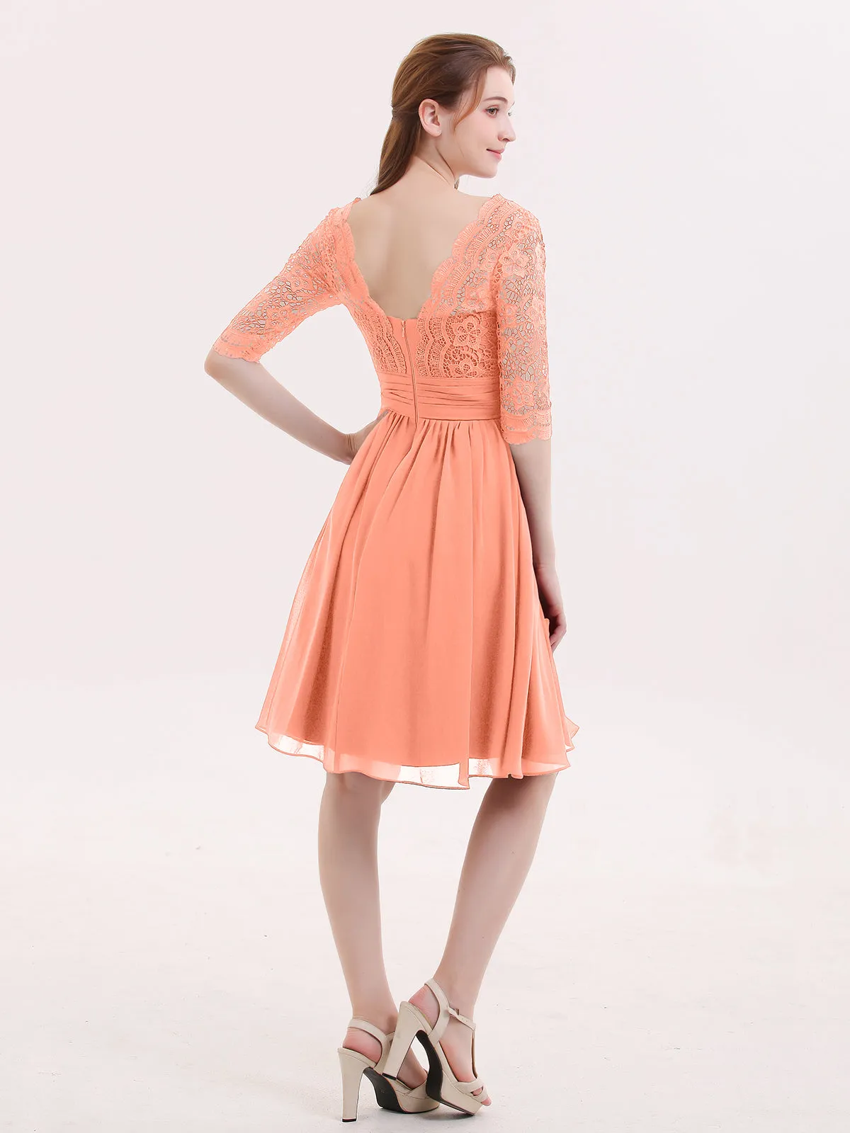 Lace and Chiffon Short Dress with Half Sleeves Sunset