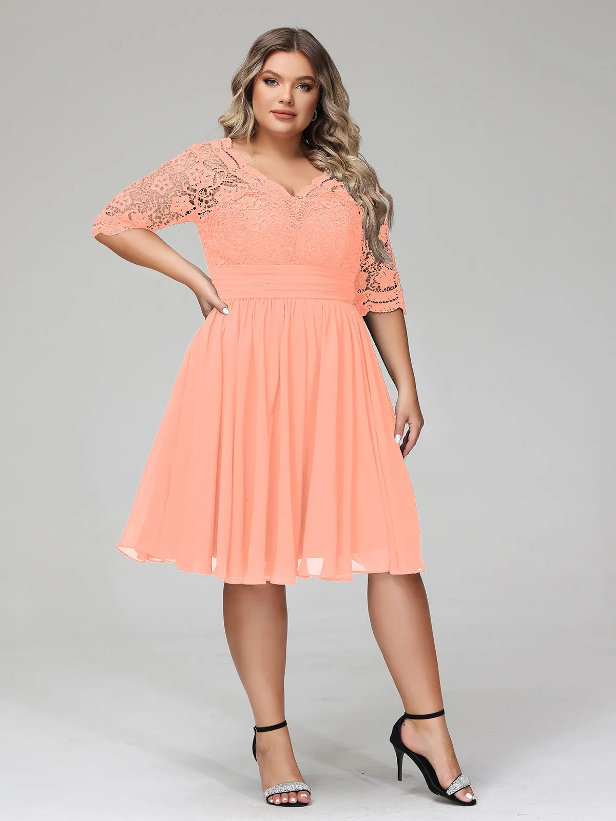 Lace and Chiffon Short Dress with Half Sleeves Sunset
