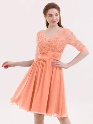 Lace and Chiffon Short Dress with Half Sleeves Sunset