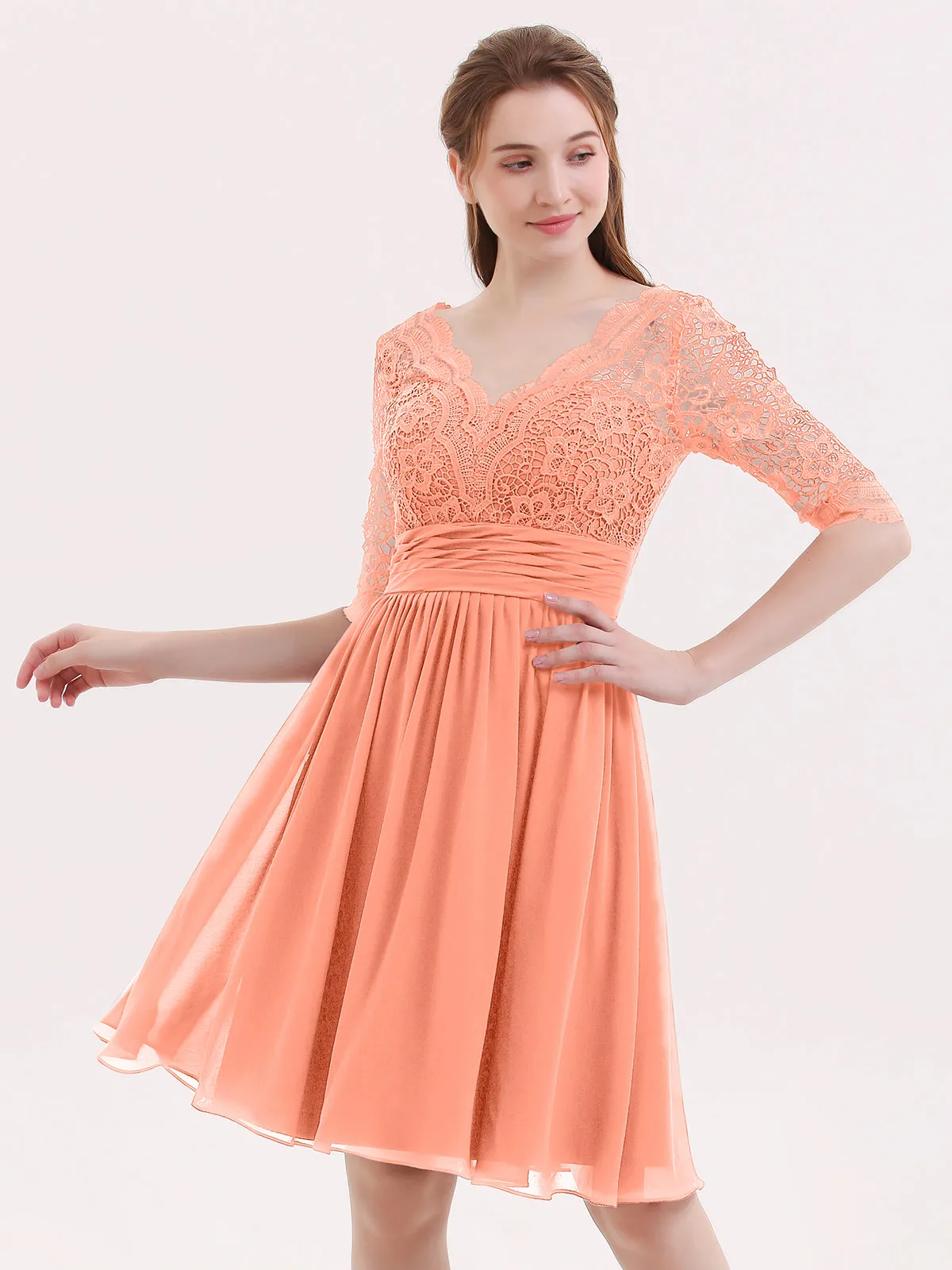 Lace and Chiffon Short Dress with Half Sleeves Sunset
