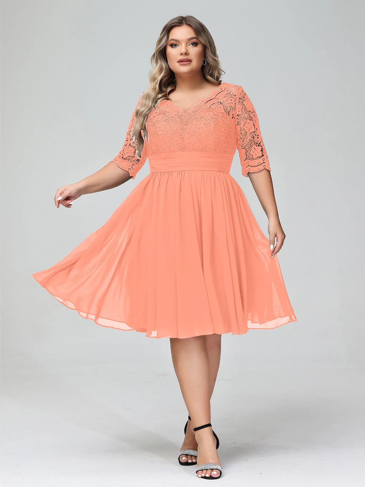 Lace and Chiffon Short Dress with Half Sleeves Sunset