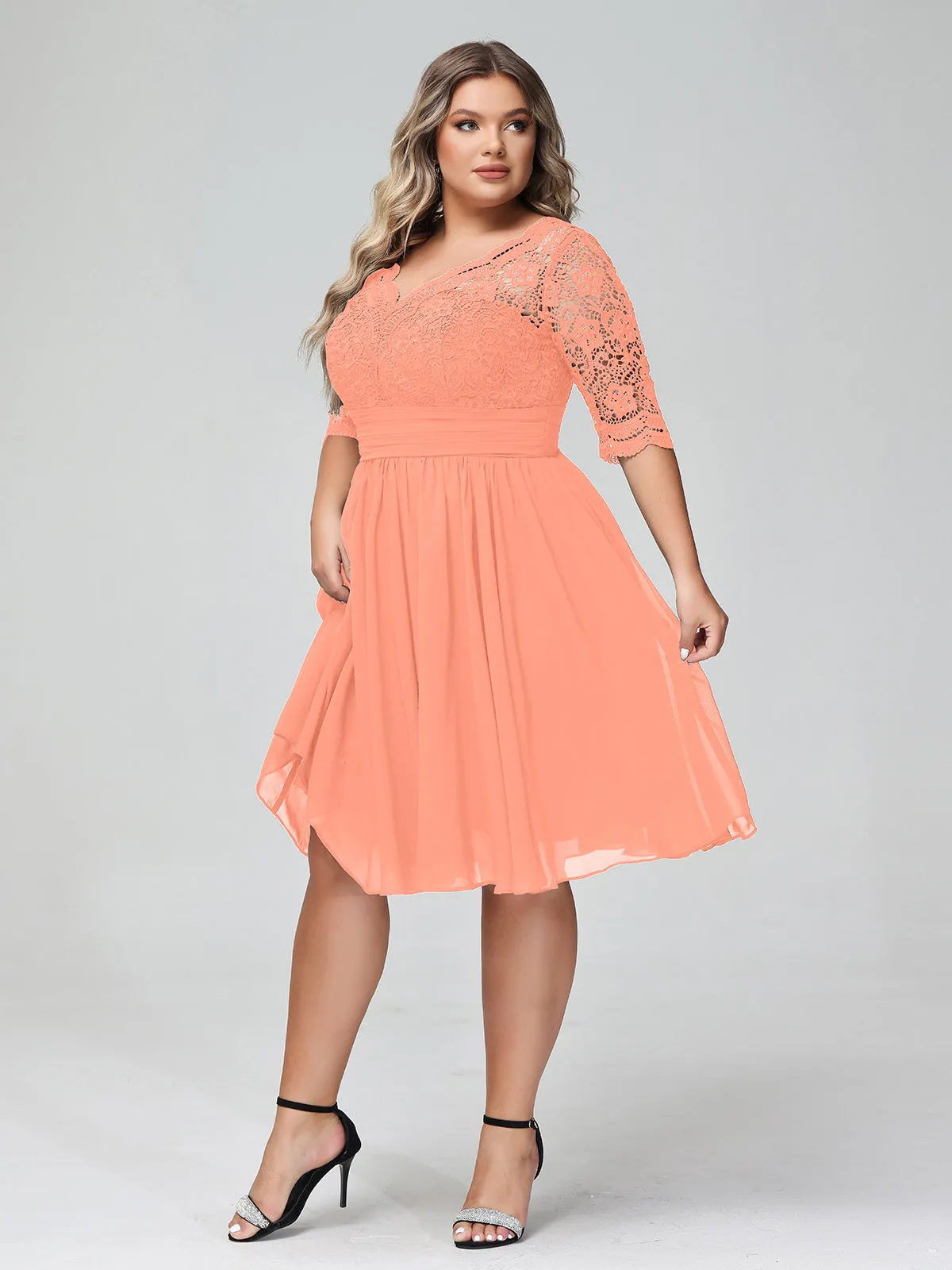 Lace and Chiffon Short Dress with Half Sleeves Sunset