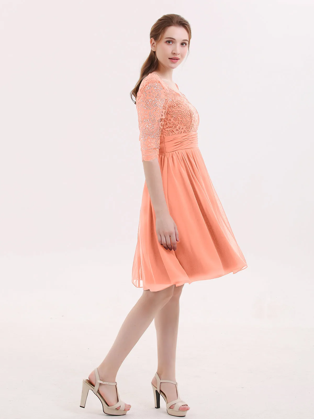 Lace and Chiffon Short Dress with Half Sleeves Sunset