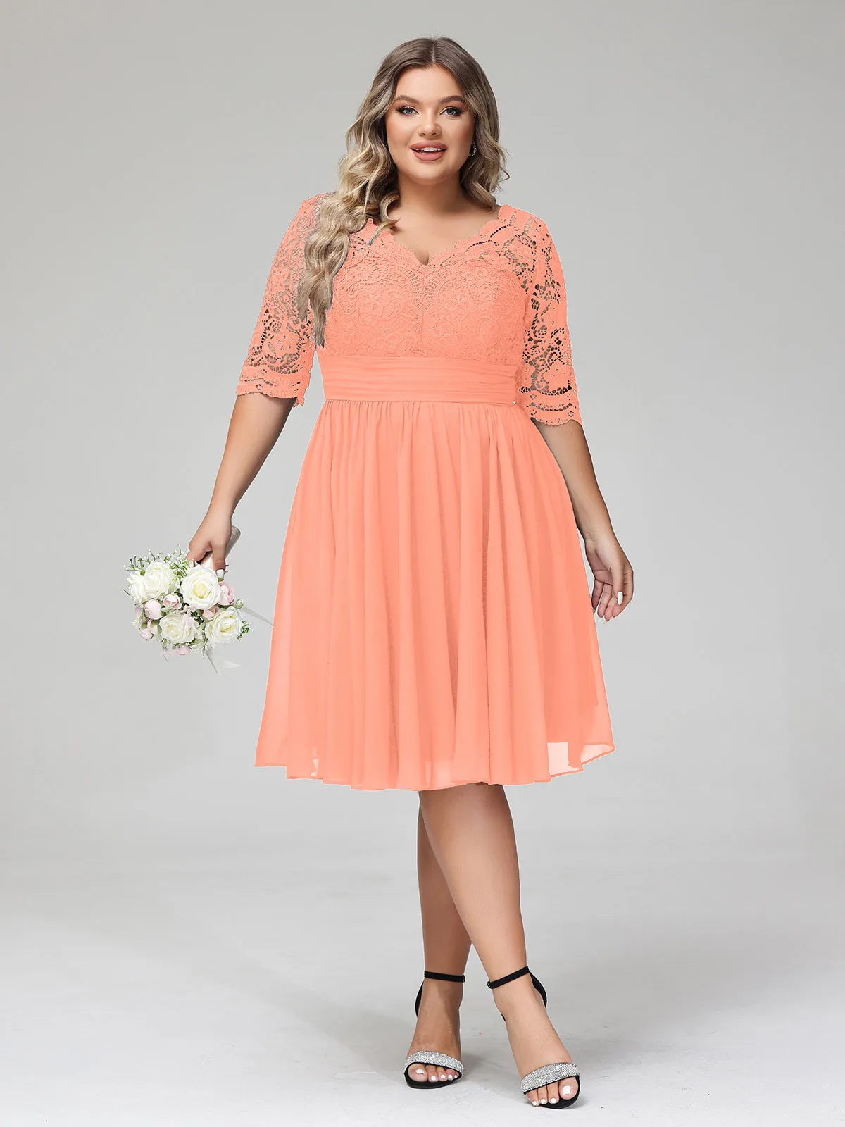 Lace and Chiffon Short Dress with Half Sleeves Sunset