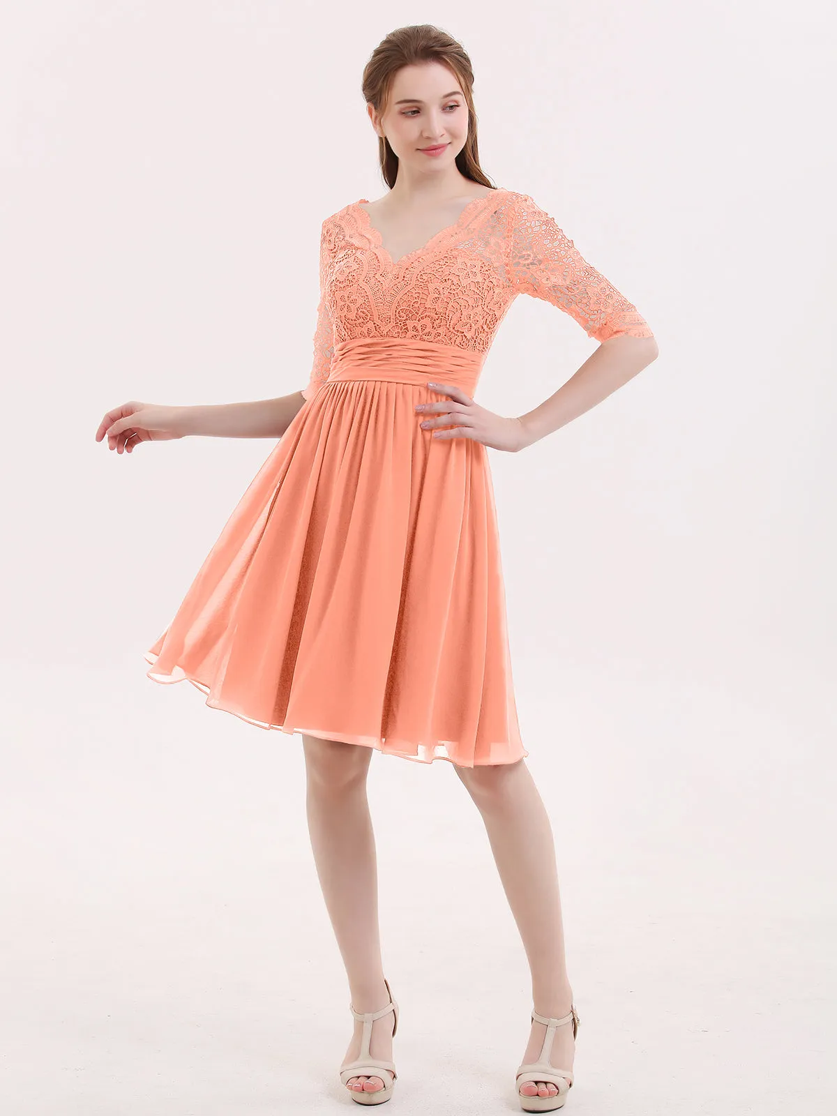 Lace and Chiffon Short Dress with Half Sleeves Sunset
