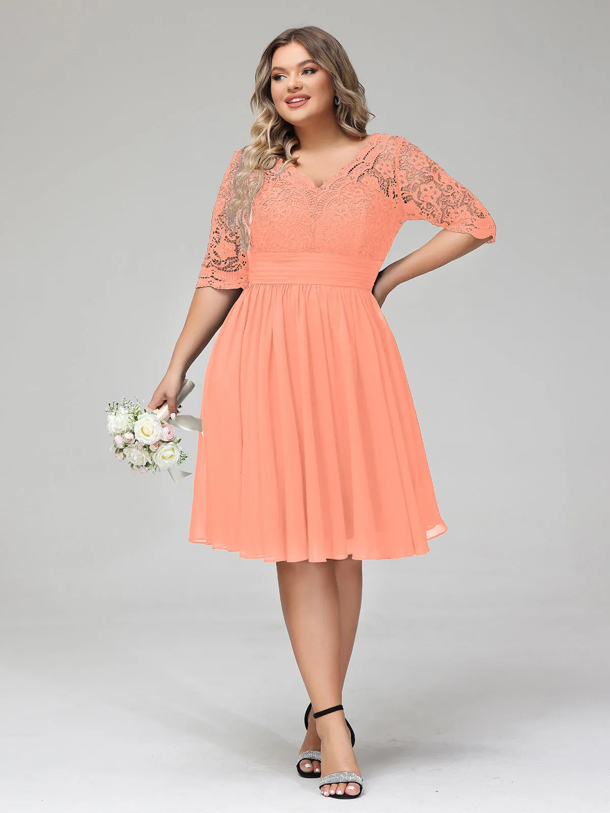 Lace and Chiffon Short Dress with Half Sleeves Sunset