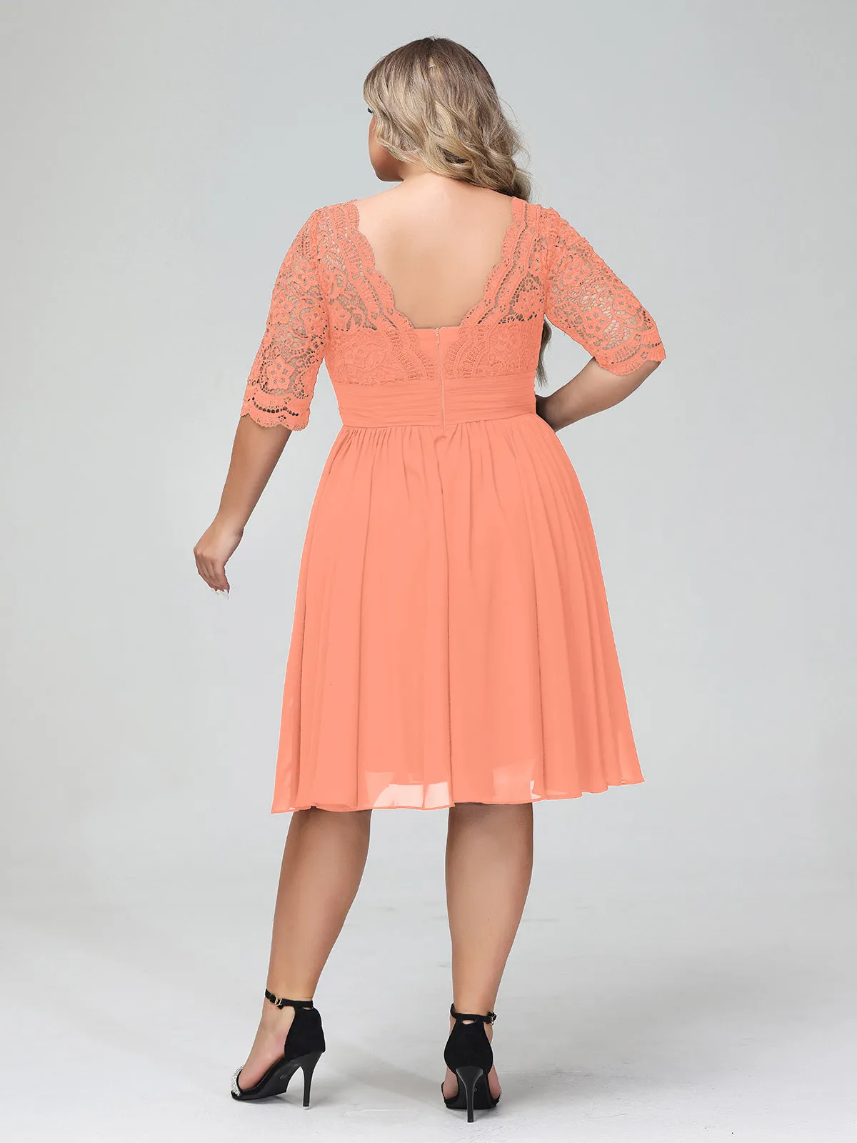 Lace and Chiffon Short Dress with Half Sleeves Sunset