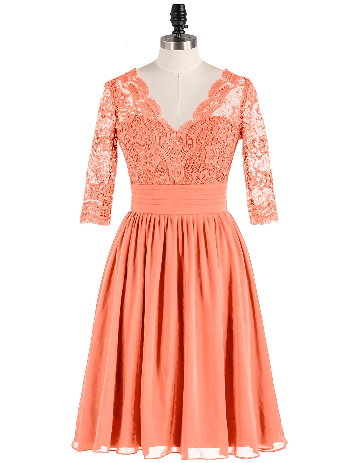 Lace and Chiffon Short Dress with Half Sleeves Sunset