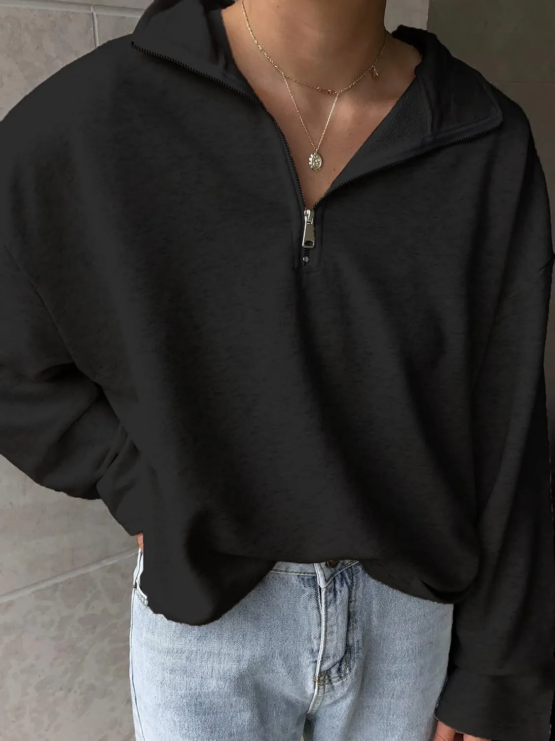 LAVASEON Womens Oversized Half Zip Lapel Sweatshirt Solid Color Casual Long Sleeve Cropped Pullover Top