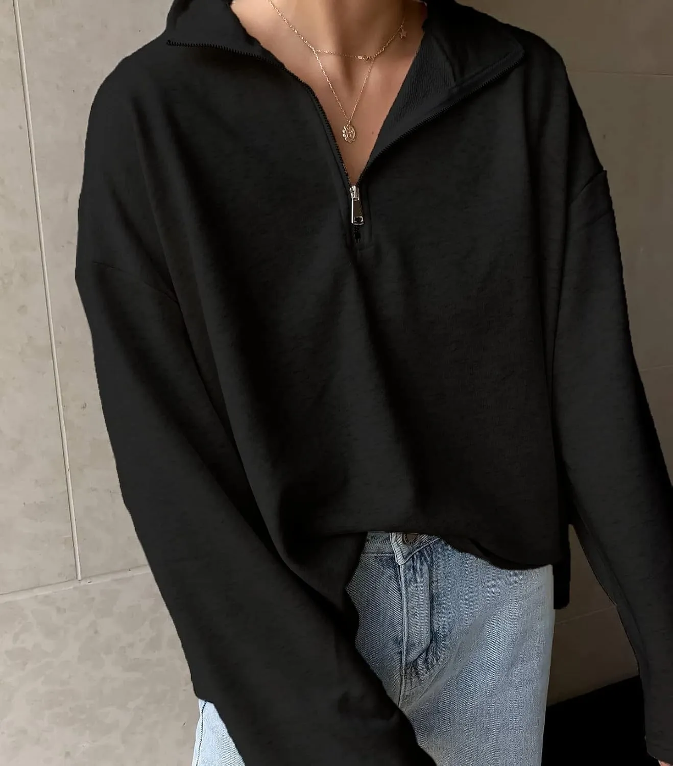 LAVASEON Womens Oversized Half Zip Lapel Sweatshirt Solid Color Casual Long Sleeve Cropped Pullover Top