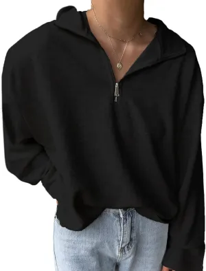 LAVASEON Womens Oversized Half Zip Lapel Sweatshirt Solid Color Casual Long Sleeve Cropped Pullover Top