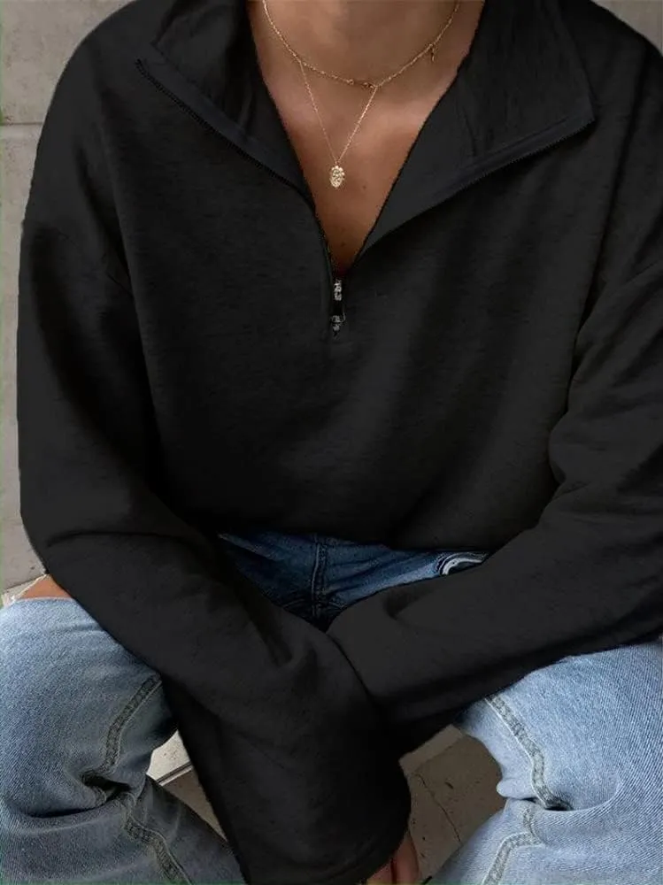 LAVASEON Womens Oversized Half Zip Lapel Sweatshirt Solid Color Casual Long Sleeve Cropped Pullover Top